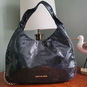 Michael Kors Snake Embossed Suede Leather Hobo Black Shoulder Bag